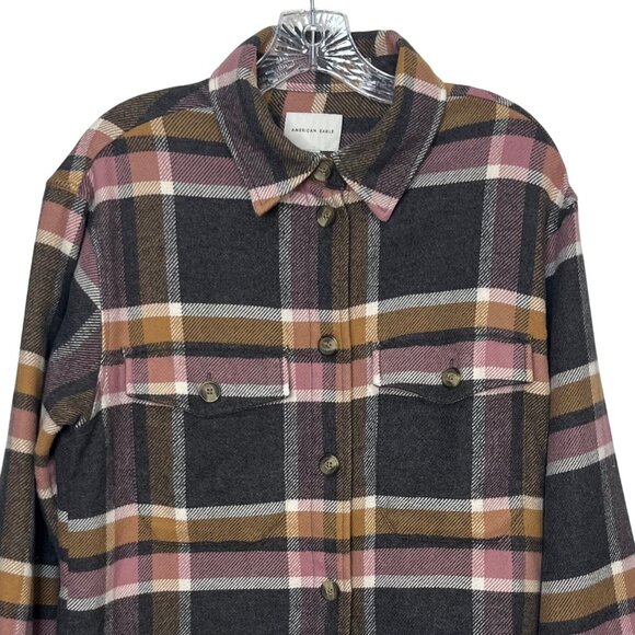 American Eagle Flannel Shacket Shirt Womens XS Gray Pink Plaid Button Up - Picture 3 of 8